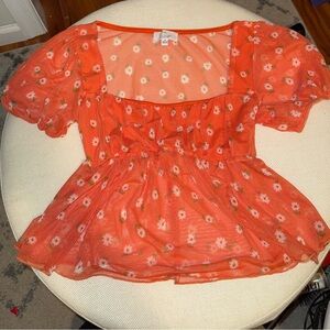 Chic Mesh Floral Peplum Blouse in Coral
